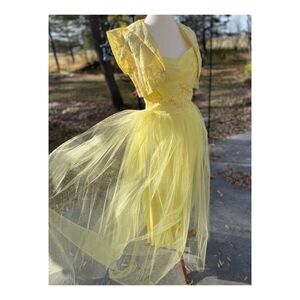 1950s Yellow Formal Dress Matching Bolero Lace Tulle Prom Wedding